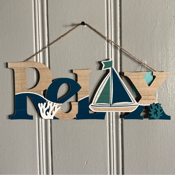 NWT Coastal Wooden RELAX Decoration Sign w/ Coral 🪸 & Sailboat ⛵️ - Picture 1 of 17